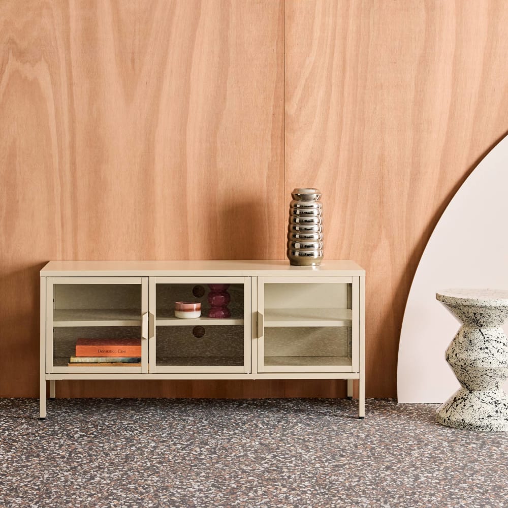Meuble tv industriel métal et verre trempé 3 portes 120cm beige