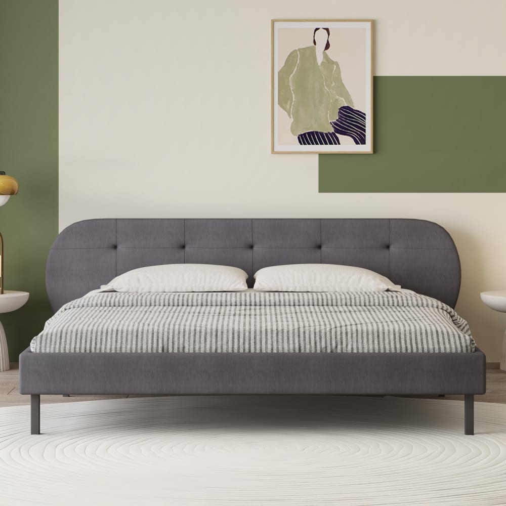 Lit capitonné 140x190cm gris avec tête de lit et sommier
