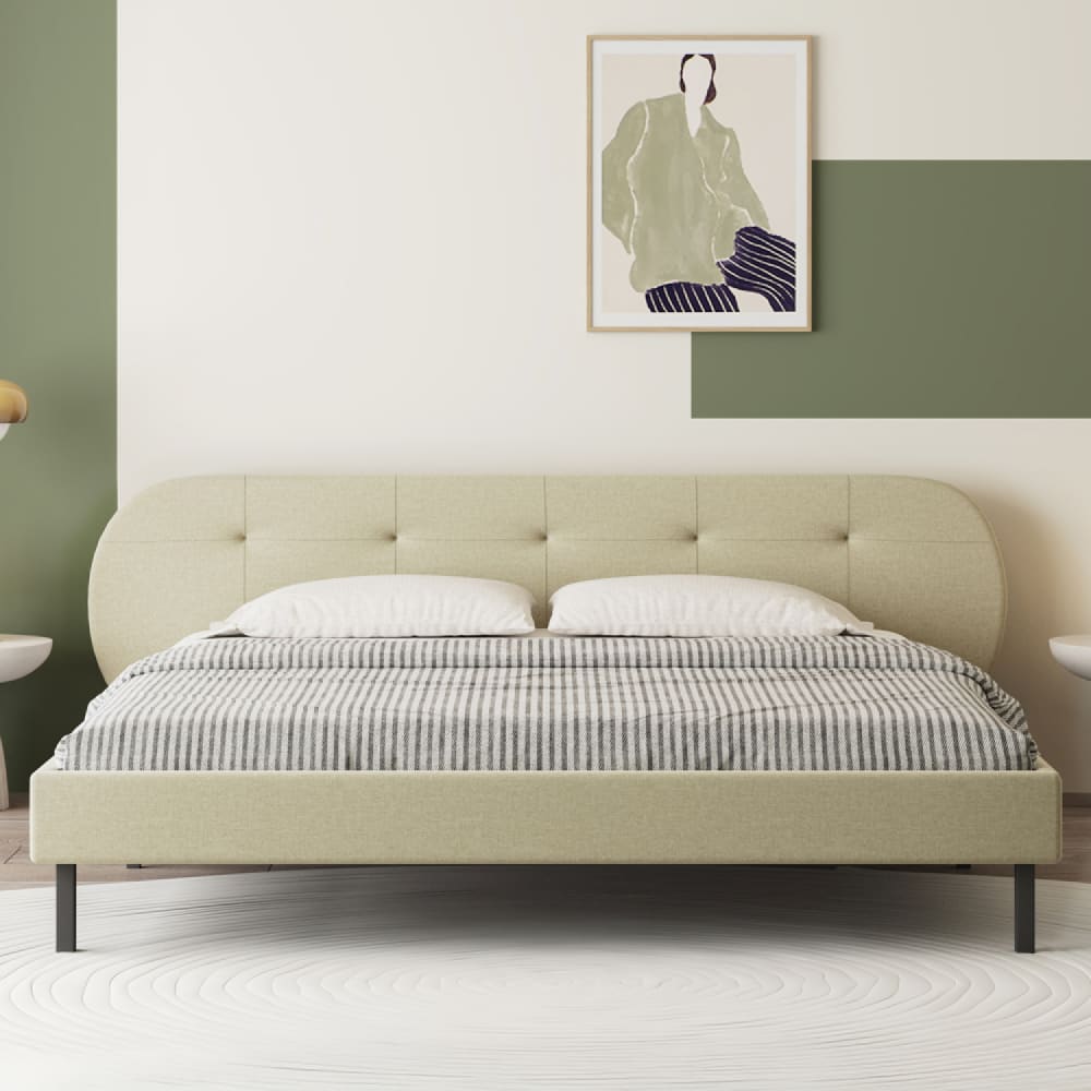 Lit capitonné 160x200cm beige avec tête de lit et sommier