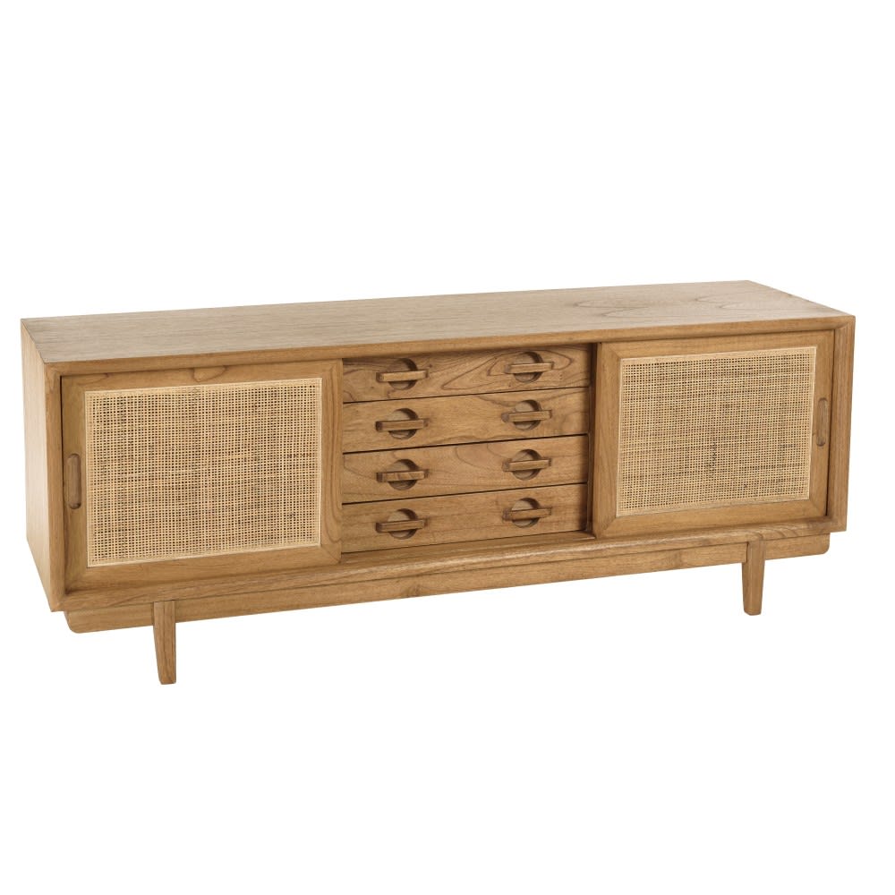 Meuble TV en bois de mindi et rotin naturel