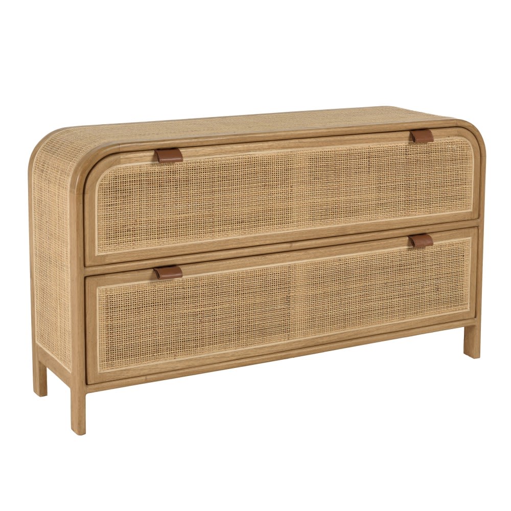 Commode forme arrondie en mindi et rotin naturel 2 tiroirs