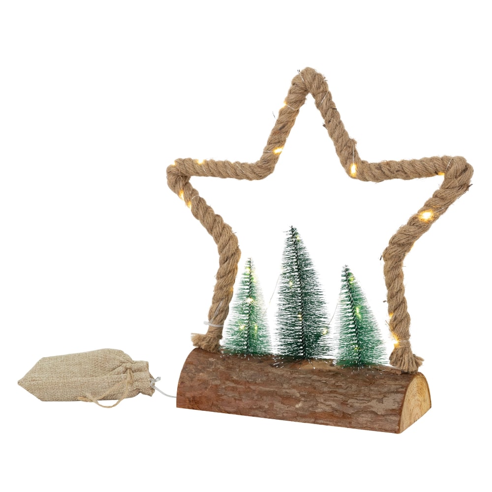 ECD Germany LED Jute Stern 33cm 30LED Warmweiß Batteriebetrieben Timer Innen Mehrfarbig Holz Festliche Dekoration
