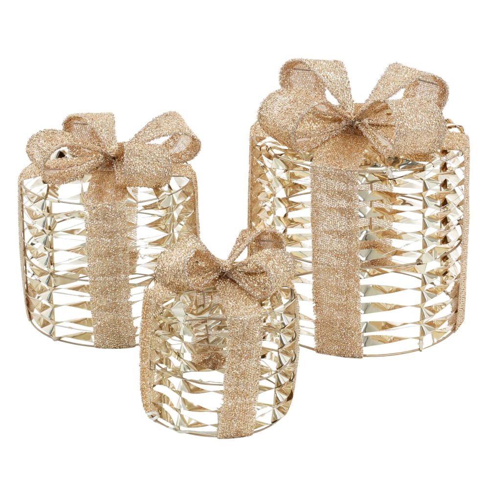 ECD Germany 3er Set LED Geschenkboxen mit 135 warmweißen LEDs Gold Drahtgestell style classic chic Gold Metall Festliche Dekoration