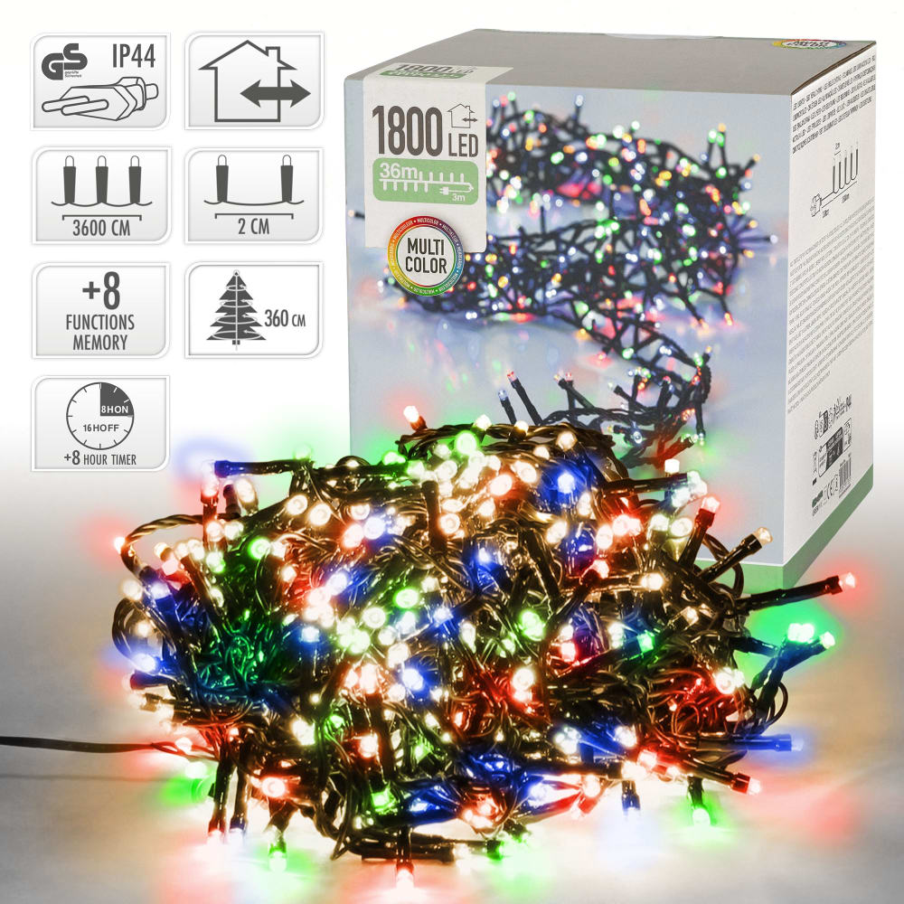 LED Cluster Lichterkette Bunt 36m 1800LED 8 Modi Timer