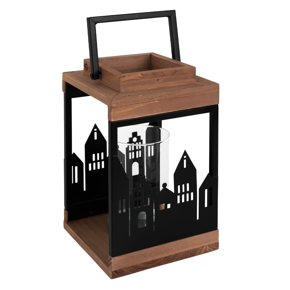 ECD Germany Holzlaterne 22cm mit Kerzenständer und Henkel Metall/Glas Stadt Muster Braun Metall