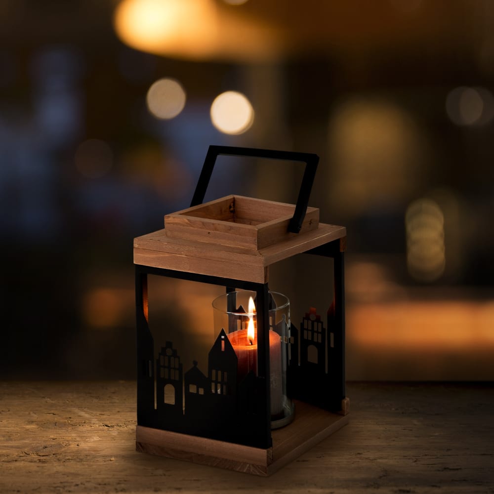 Holzlaterne 22cm mit Kerzenständer und Henkel Metall/Glas Stadt