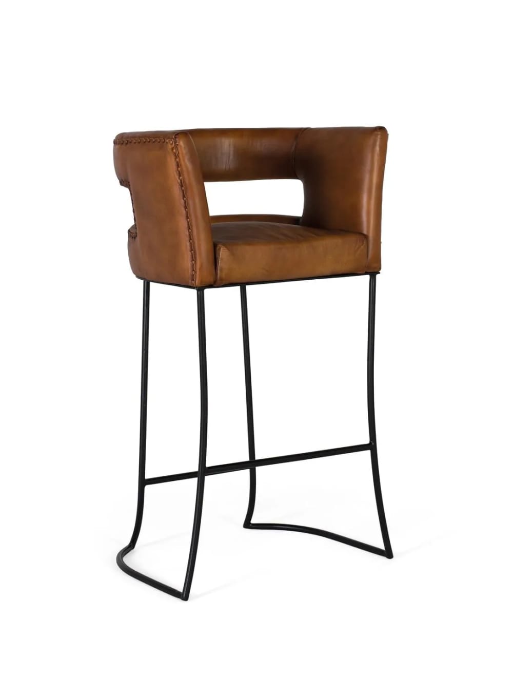 GINER Y COLOMER Hocker mit Bezug aus Naturleder und gebogenem Metallgestell Schwarz Holz