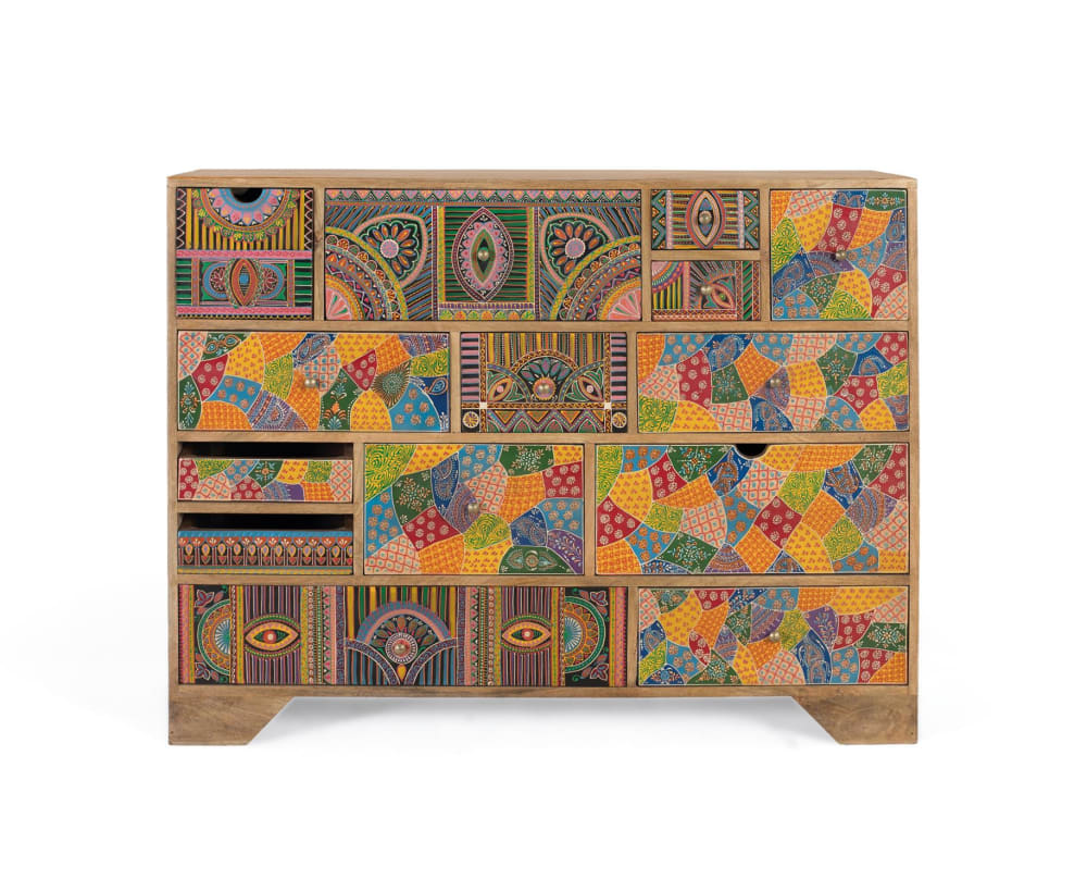 Commode en bois de manguier avec détails peints à la main 120 cm