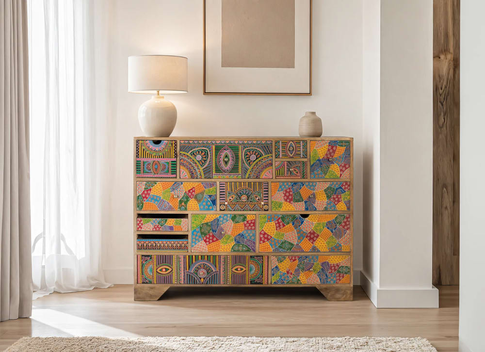 Kommode aus Mangoholz mit handbemalten Details 120 cm - Maisons