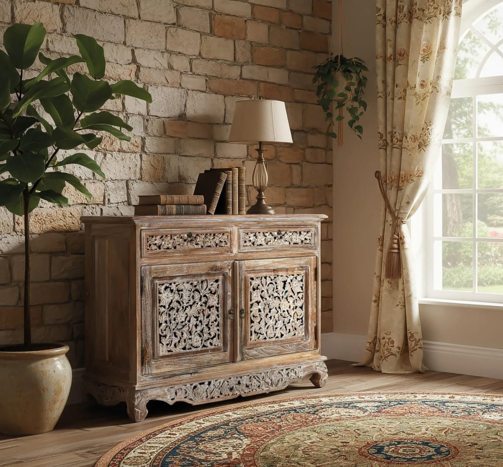 Sideboard mit zwei Schubladen und zwei Fronttüren aus Teakholz