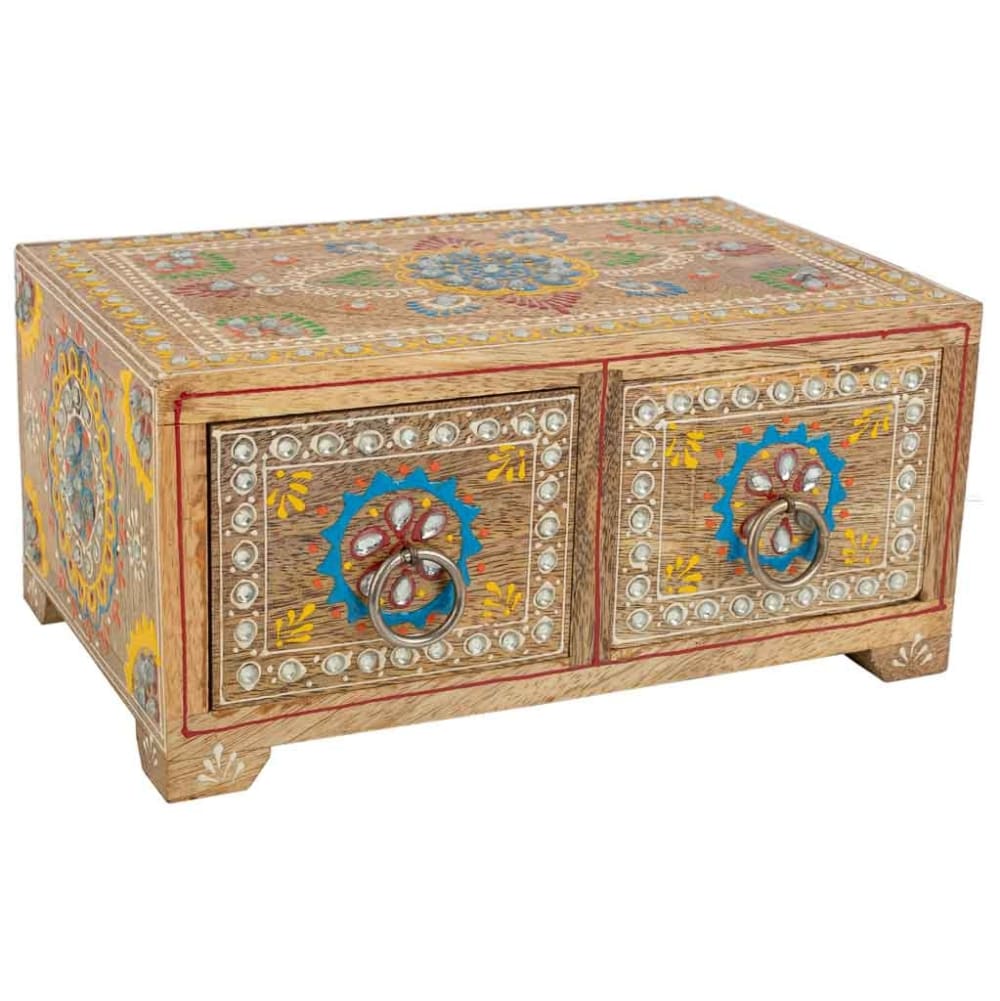 Wanderlust deco Handbemalte Holz-Schmuckschatulle mit 2 Schubladen, 23x14x10 cm, braun - Holz