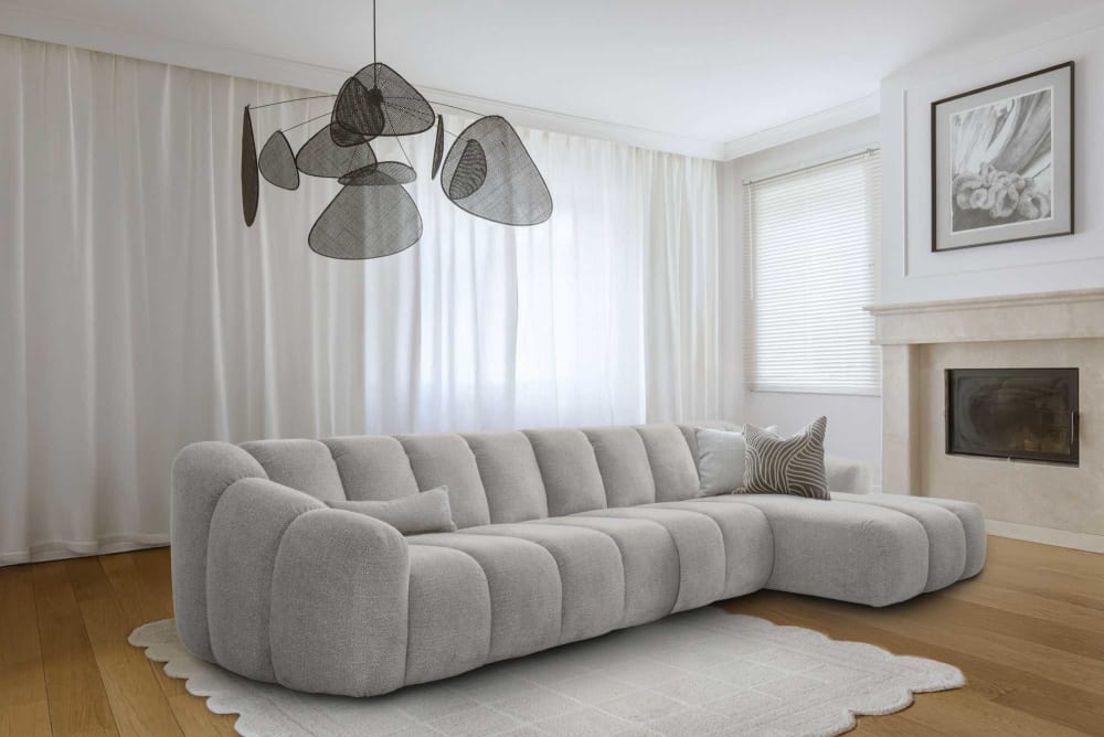 6-Sitzer Ecksofa, L-förmig, Ecke rechts, Polsterstoff, Hellgrau -