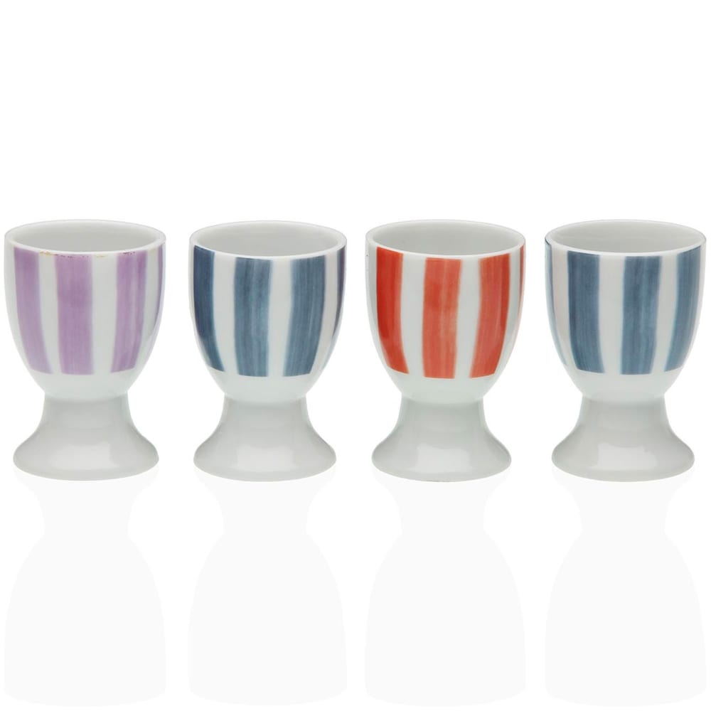 Set de 4 coquetiers en porcelaine blanche avec rayures 4.5x4.5x6.5cm Set de 4 coquetiers en porcelaine blanche avec rayures 4.5x4.5x6.5cm