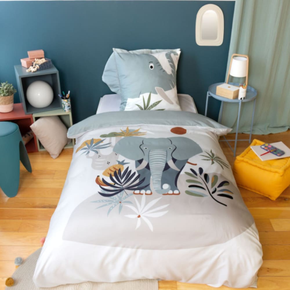 Parure de lit enfant Eleph – 140x200 cm + 1 taie – Coton imprimé