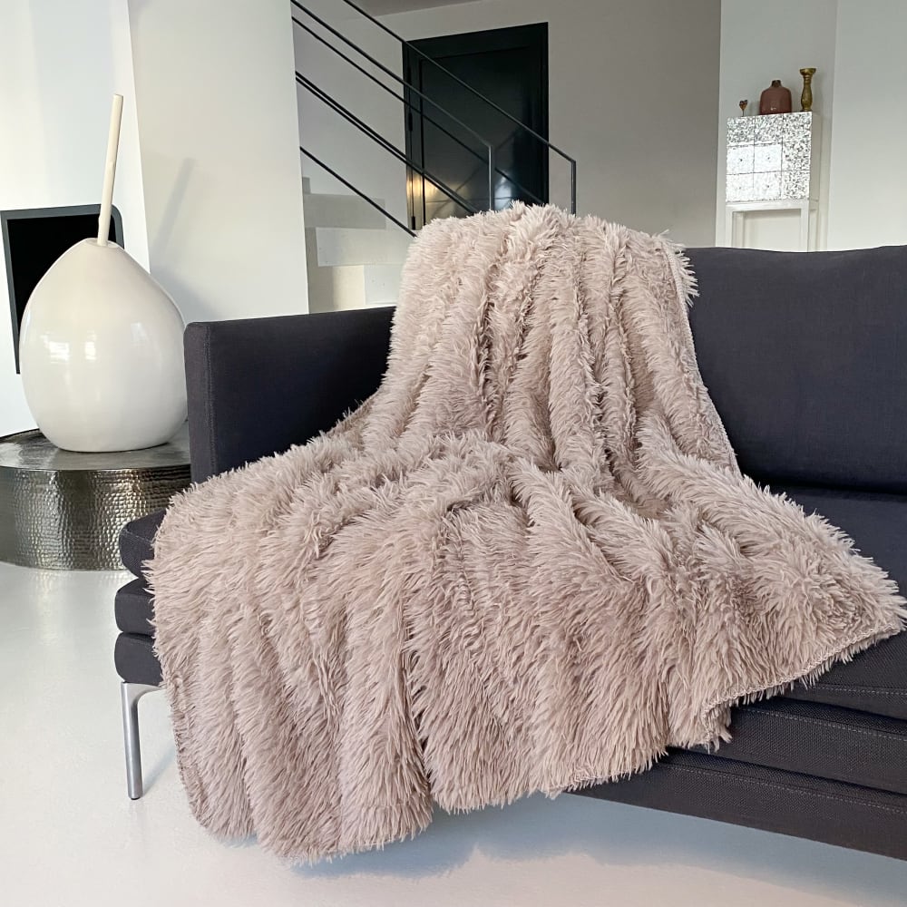 Plaid imitation poils longs Longwool beige taupe 130x170cm