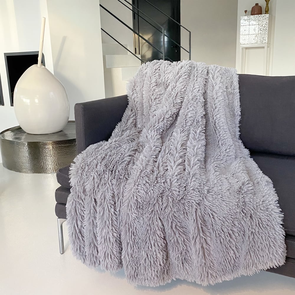 Plaid imitation poils longs Longwool gris clair 130x170cm