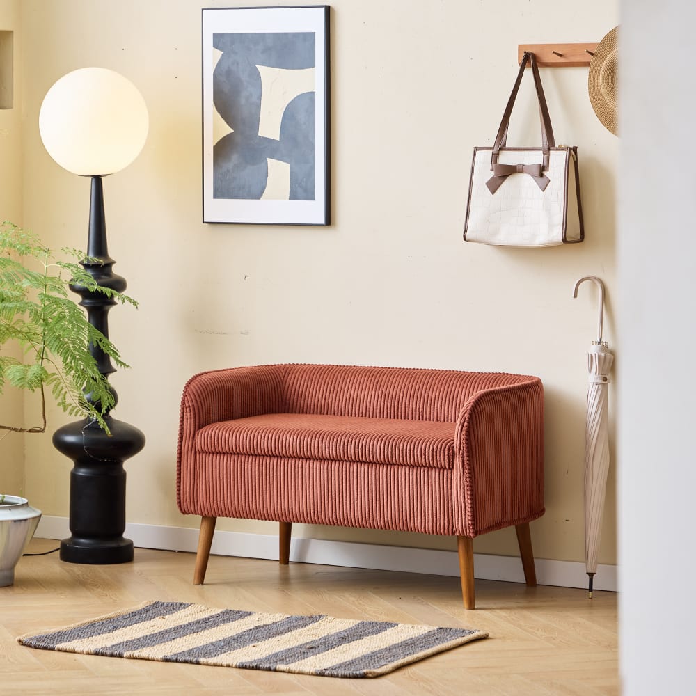 Banc coffre en bois et velours côtelé terracotta