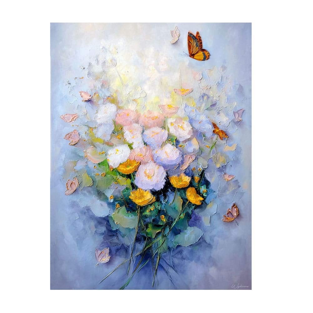 Tableau avec fleurs et papillons  alu-dibond multicolore 100x75 cm