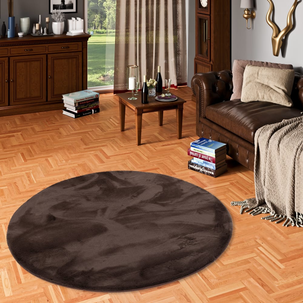 Tapis rond en fausse fourrure brun foncé 80x80 cm — vue 3