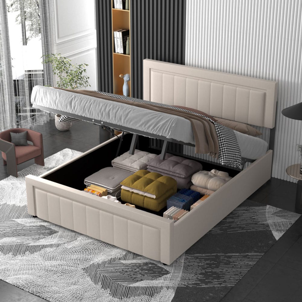 Lit coffre 140x190cm en velours beige