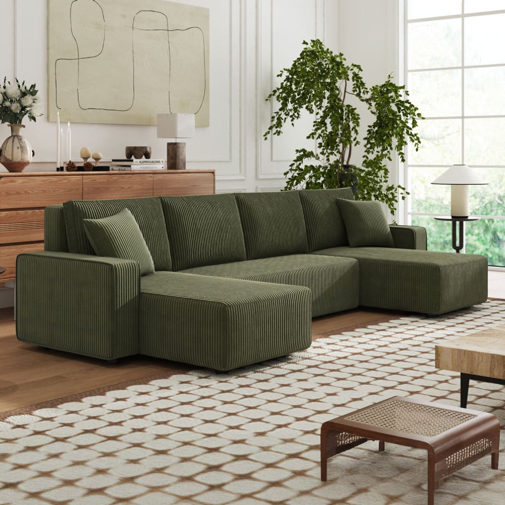Panorama-Schlafsofa für 6 Personen mit Stauraum aus grünem Cord -
