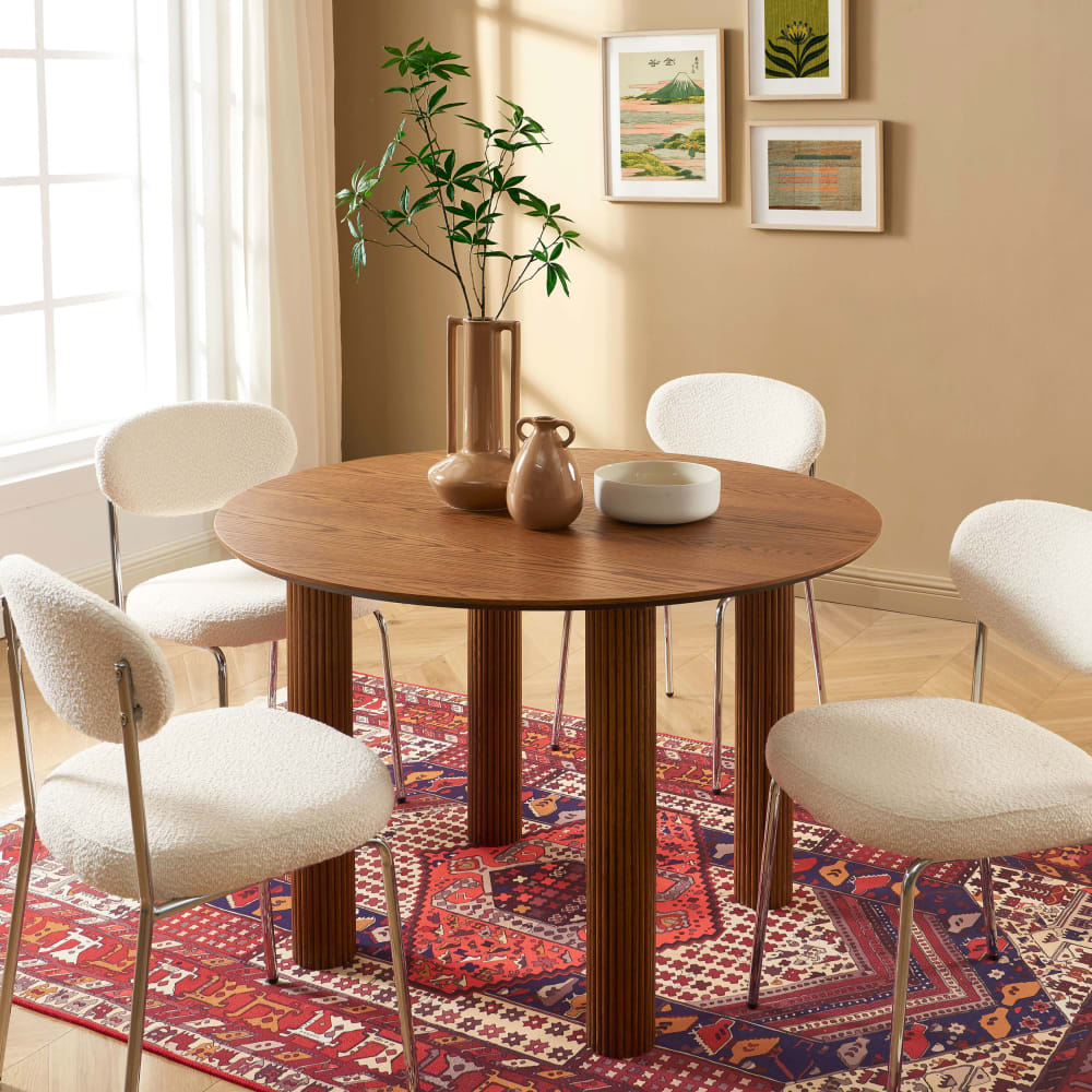 Table de séjour ronde placage chêne couleur noyer 115 cm