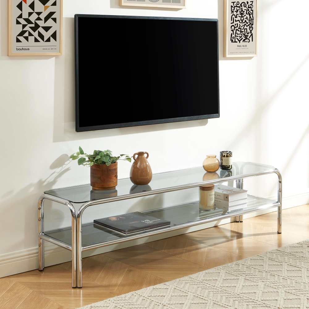 Meuble TV verre trempé noir et structure en chrome 160cm