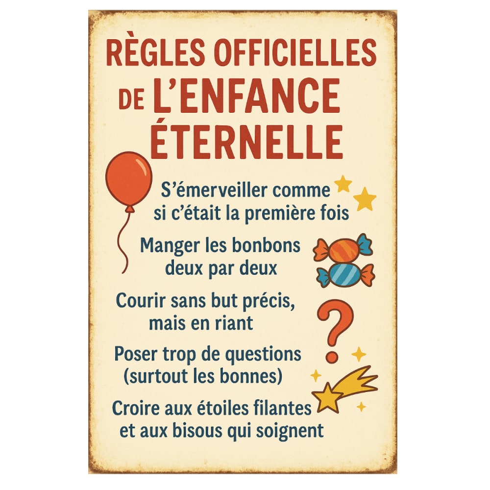 Plaque métal règles officielles de lenfance éternelle 30,5 x 20 cm Plaque métal règles officielles de lenfance éternelle 30,5 x 20 cm