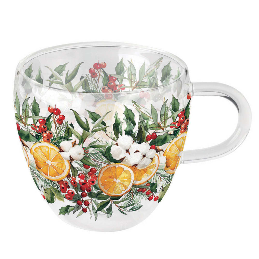 Tasse à thé en verre double paroi  agrumes et feuillage de noël