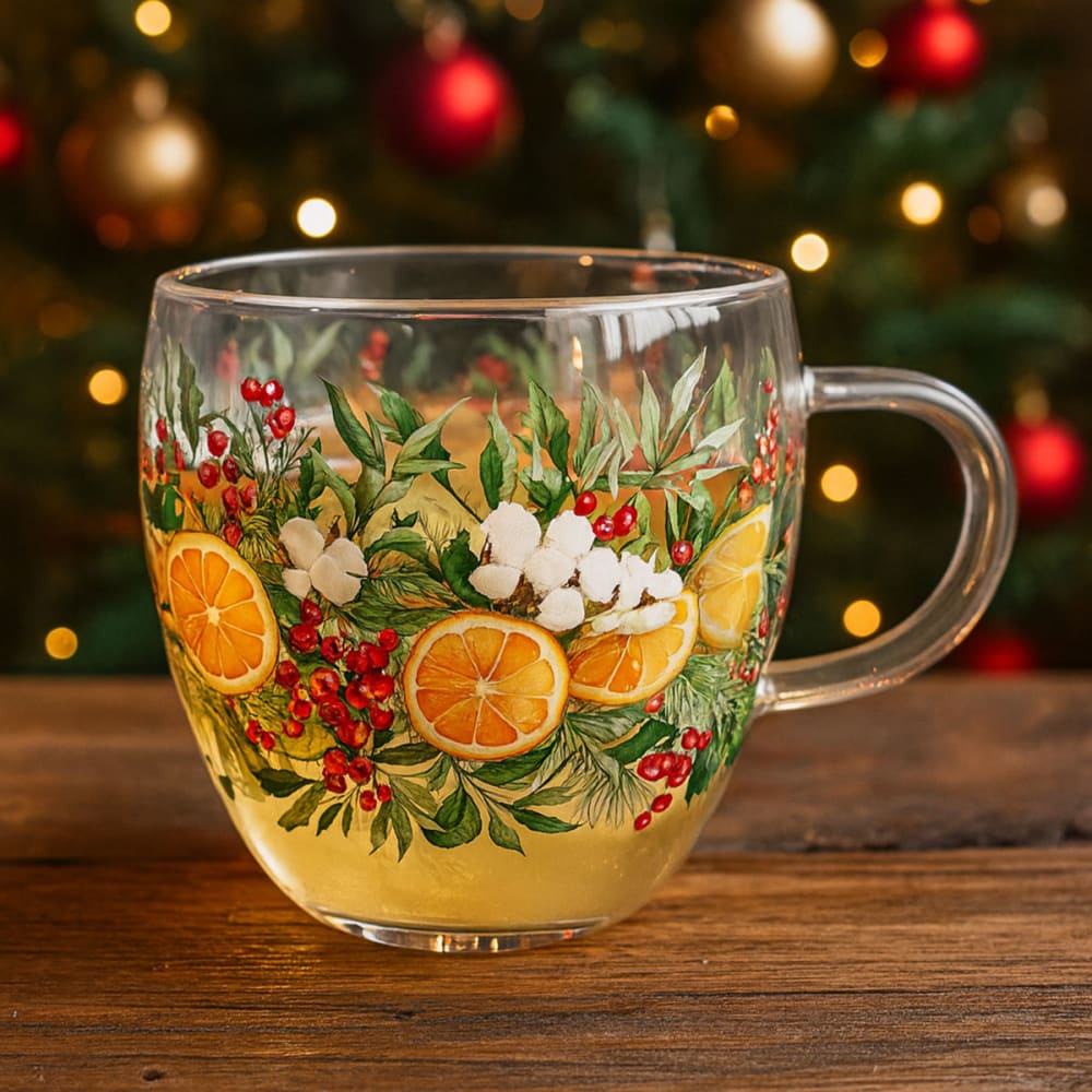 Tasse à thé en verre double paroi – Agrumes et feuillage de Noël - Maisons du Monde