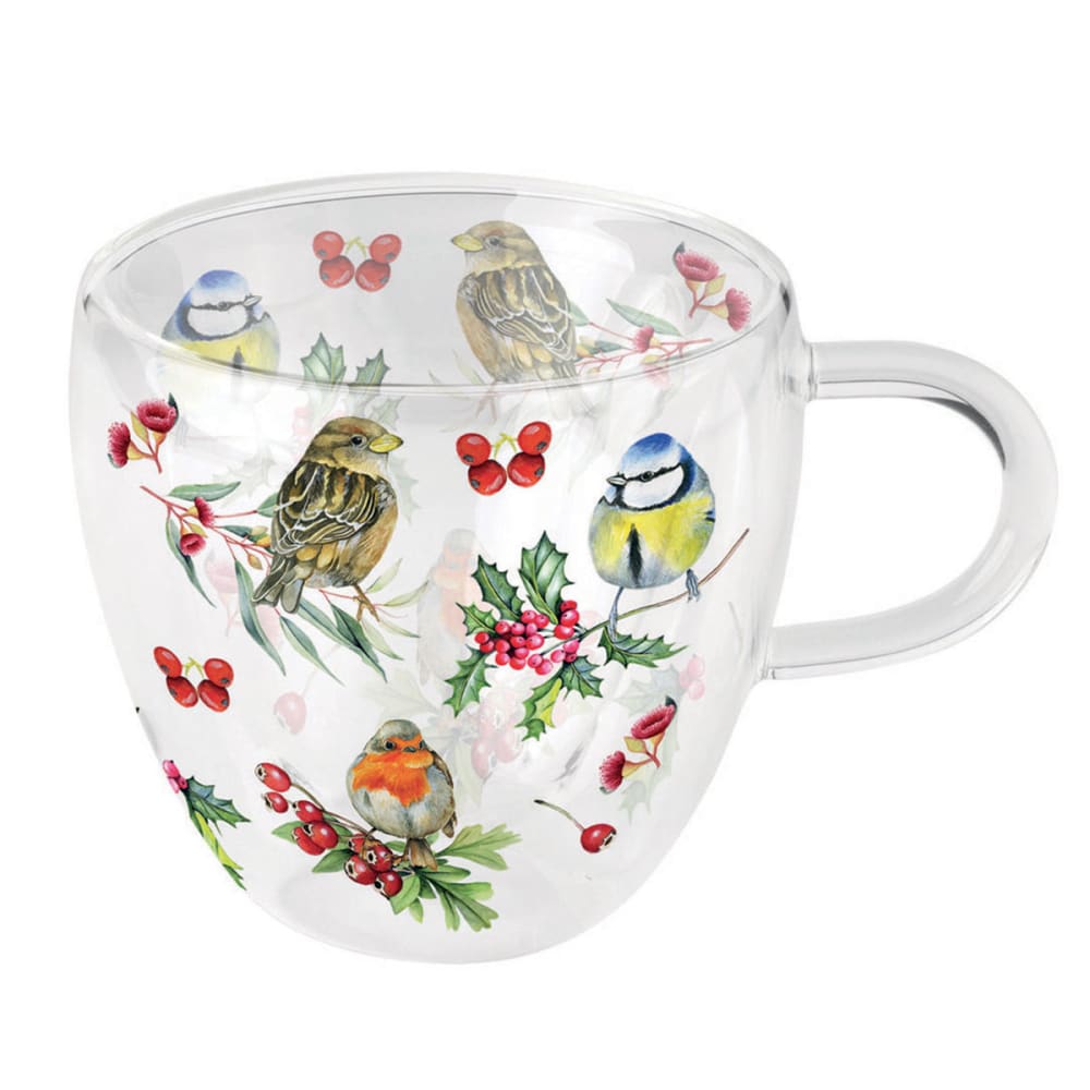 Tasse à thé en verre double paroi  oiseaux et baies hivernales