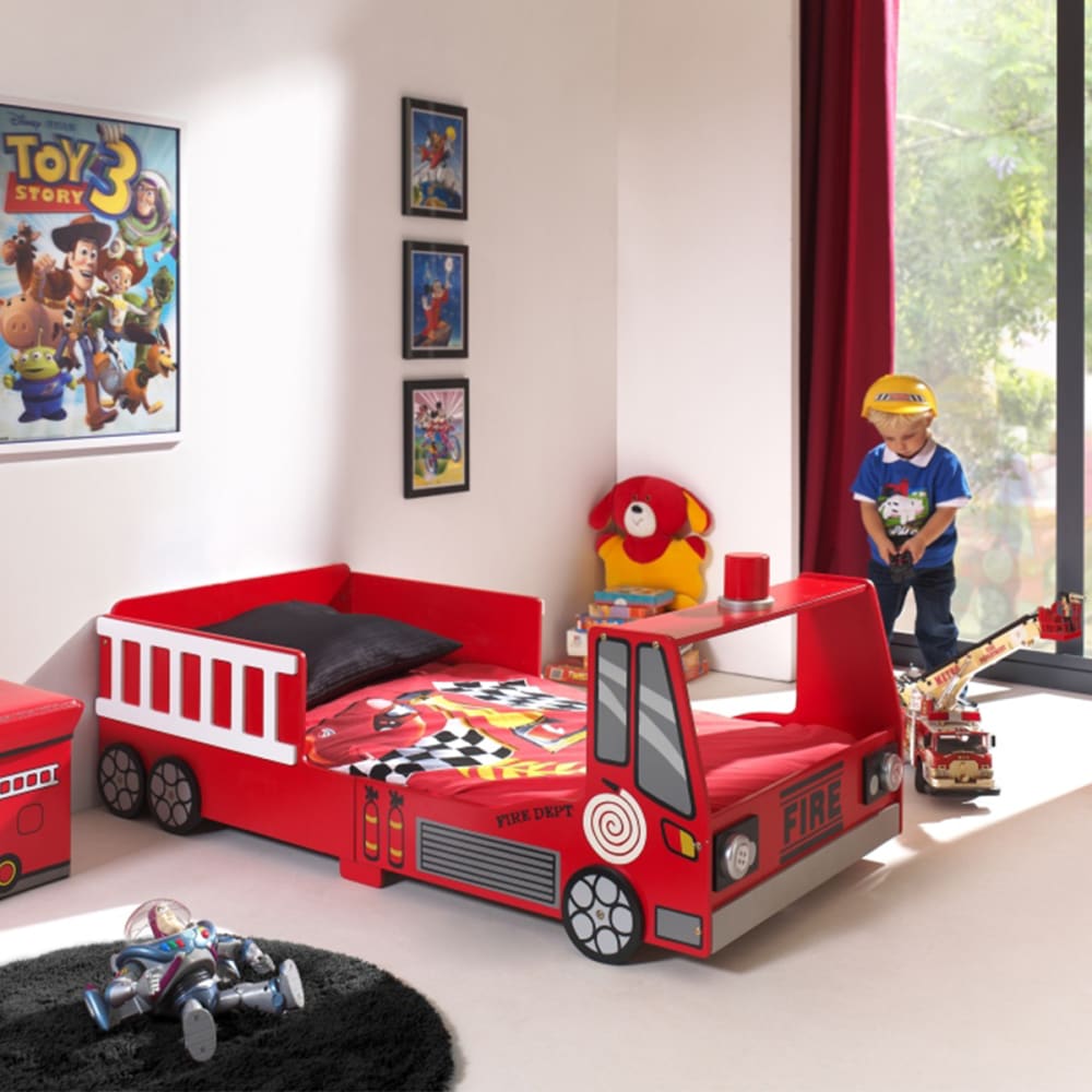 Lit 70x140 camion pompier sommier inclus rouge