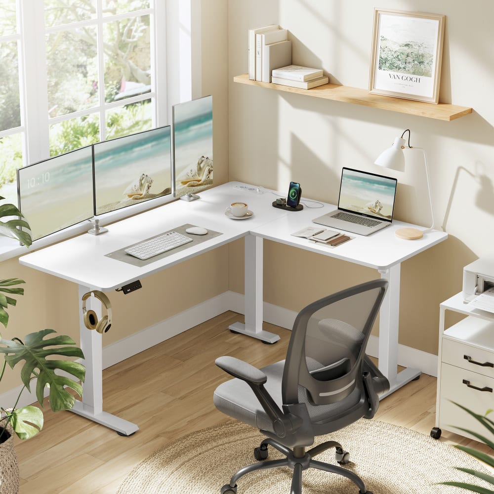 Bureau électrique réglable en hauteur table d’angle en l blanc nuage