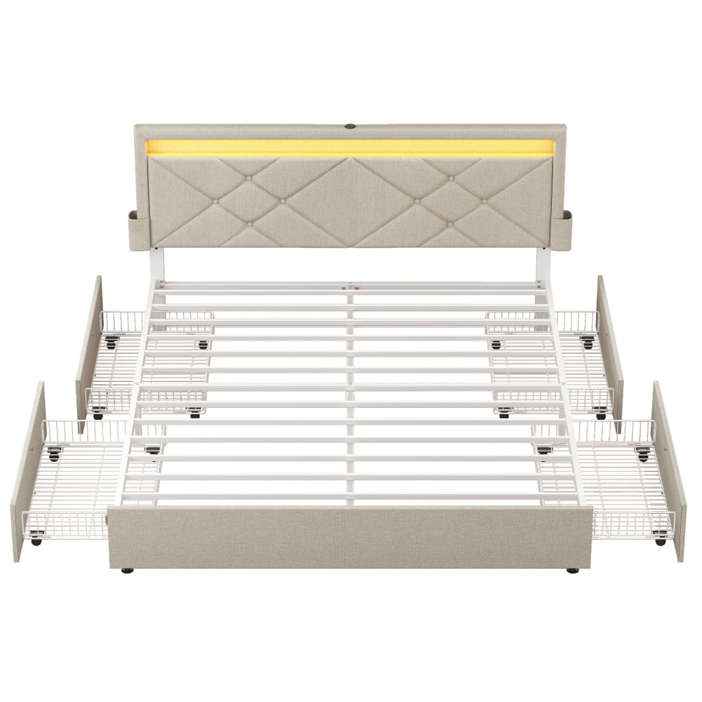 Lit double 140 x 190 cm tête de lit rembourrée ajustable beige