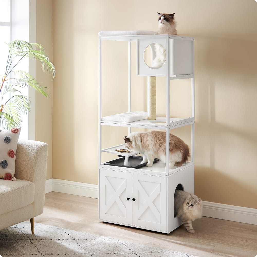 Arbre à chat maison pour chat avec cache-litière hauteur 146 cm blanc