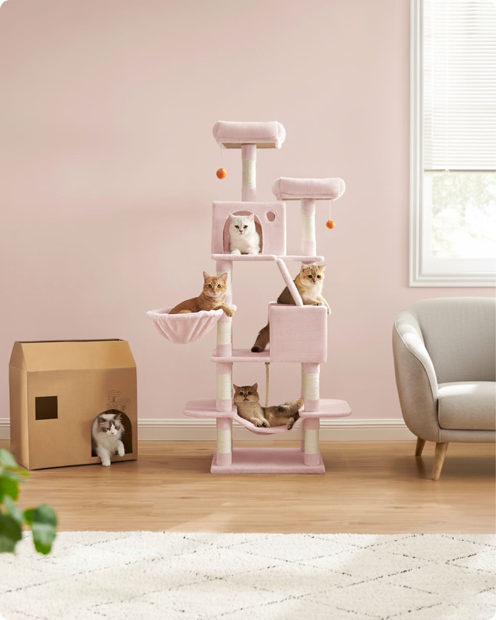 Arbre à chat hauteur 168 cm multi-niveaux pour chat d'intérieur rose