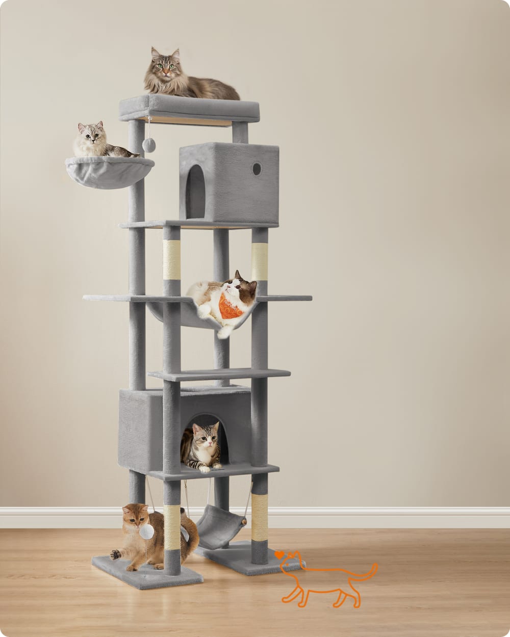 Arbre à chat 201 cm forme de tour taille xxl multi-niveaux gris