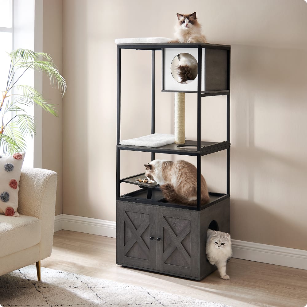 Arbre à chat maison pour chat avec cache-litière hauteur 146 cm gris
