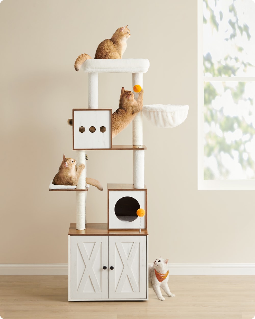 Arbre à chat hauteur 180 cm avec cache-litière tapis lavables blanc