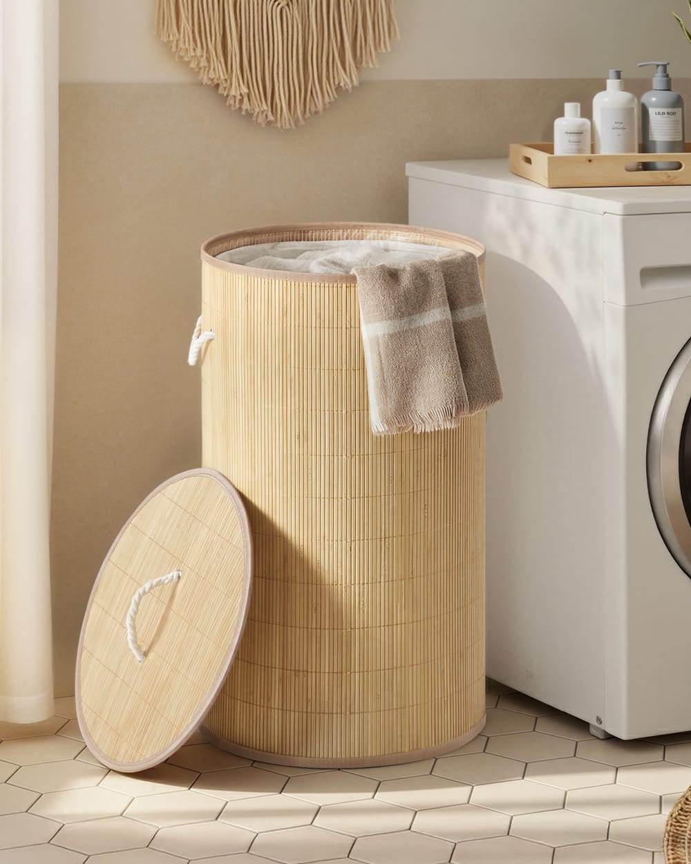 Panier à linge rond en bambou avec couvercle 90 l 40 x 40 x 70 cm