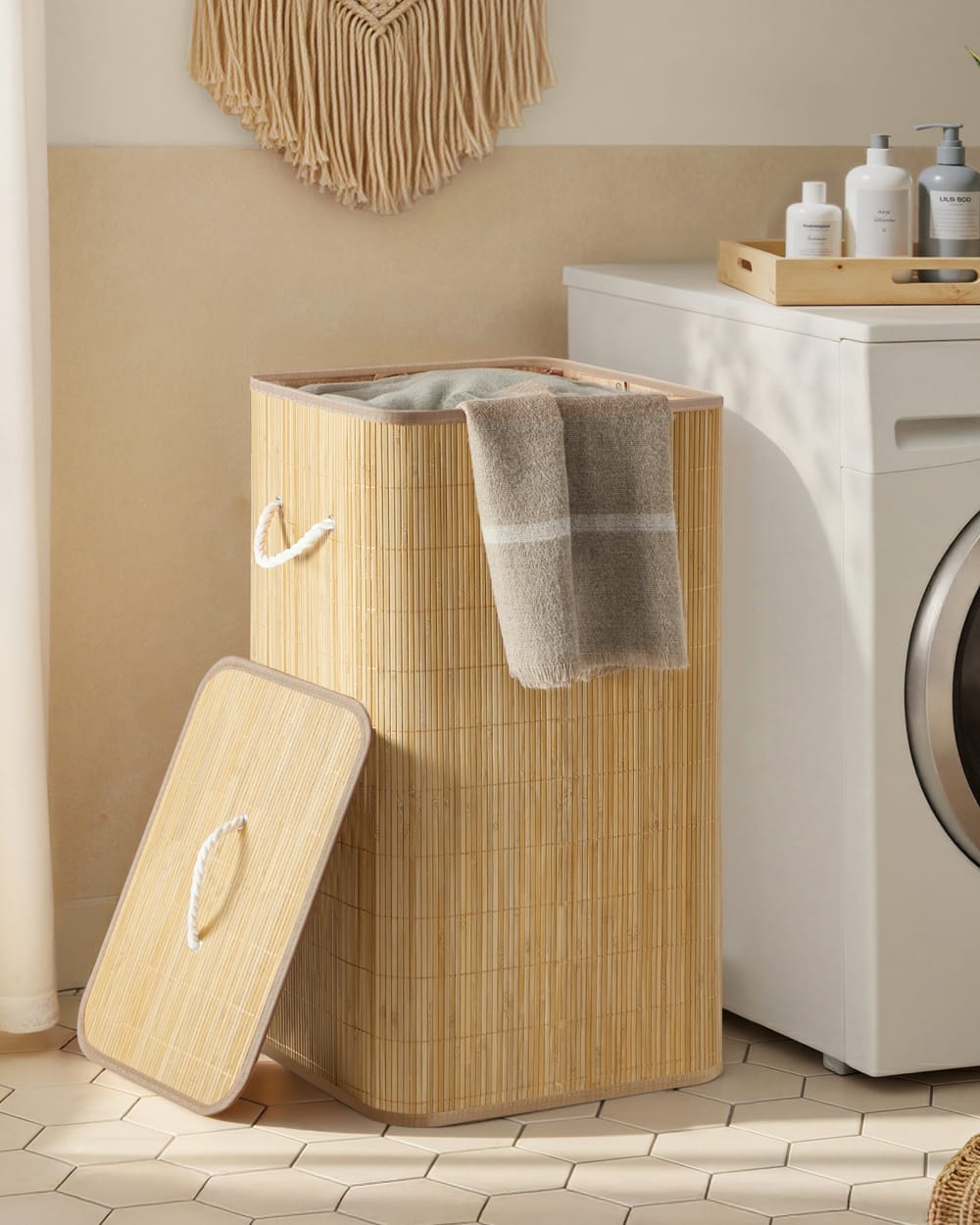 Panier à linge carré en bambou avec couvercle 90 l 40 x 32 x 70 cm