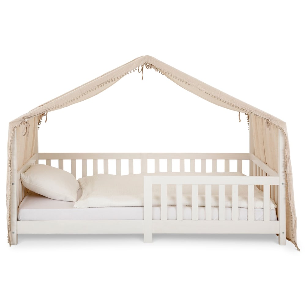 Rideau de lit à pompons en coton, beige
