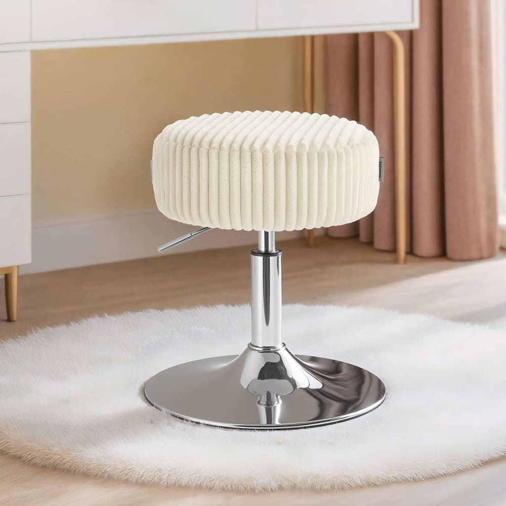 Tabouret de coiffeuse réglable pivotant à 360° velours côtelé blanc