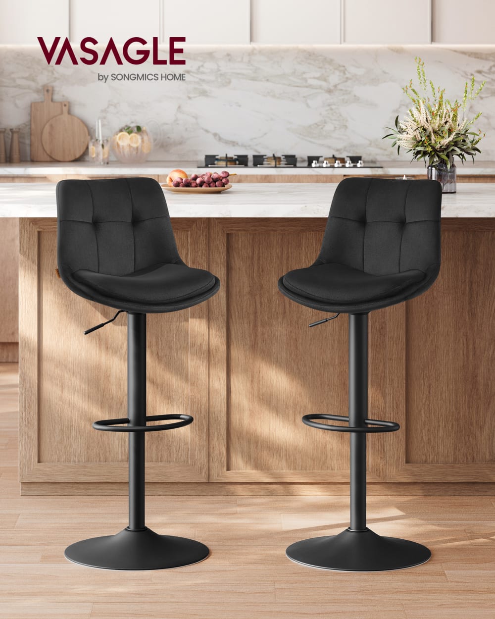 Tabourets de bar lot de 4 velours pivotant à hauteur réglable noir