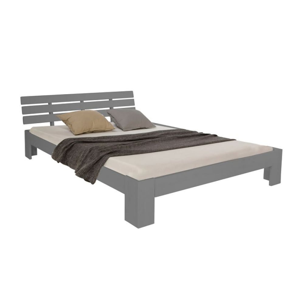 Lit double 140x200 gris matelas et sommier à lattes