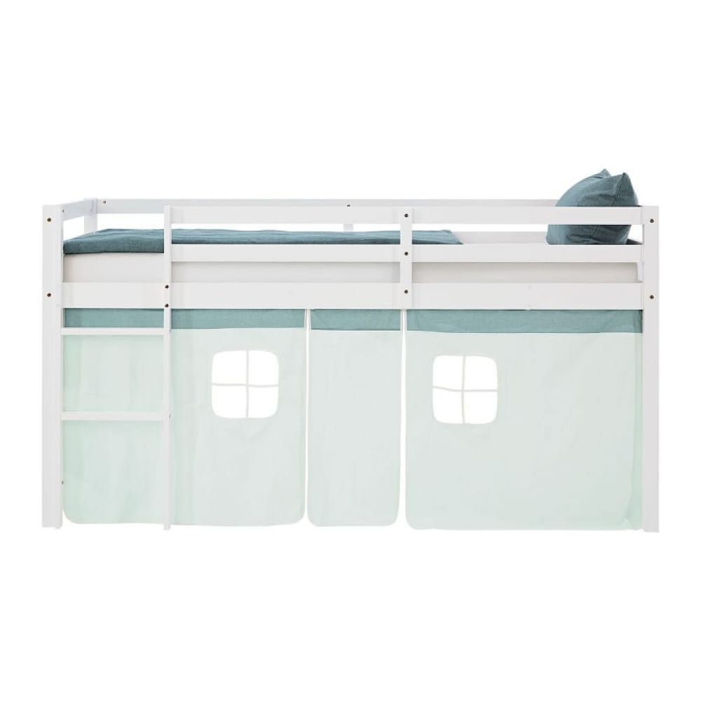 Lit mi-hauteur 90x200 cm en pin massif avec sommier et rideau vert