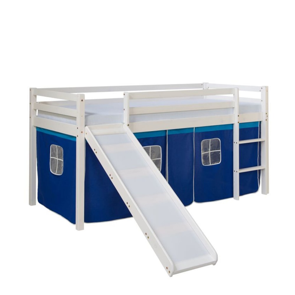 Lit mi-hauteur avec rideaux et toboggan bleu