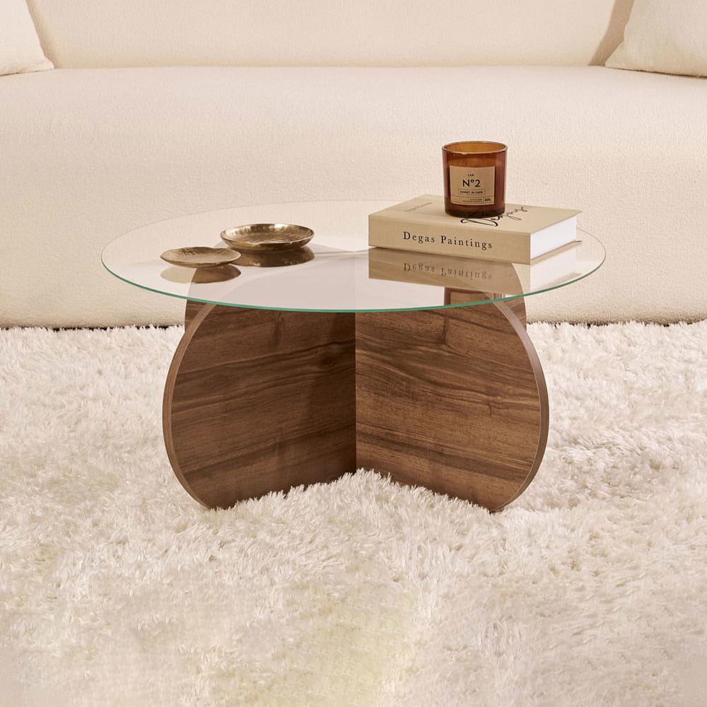 Table basse ronde 75x75x35 cm en verre et décor noyer - kori Table basse ronde 75x75x35 cm en verre et décor noyer - kori