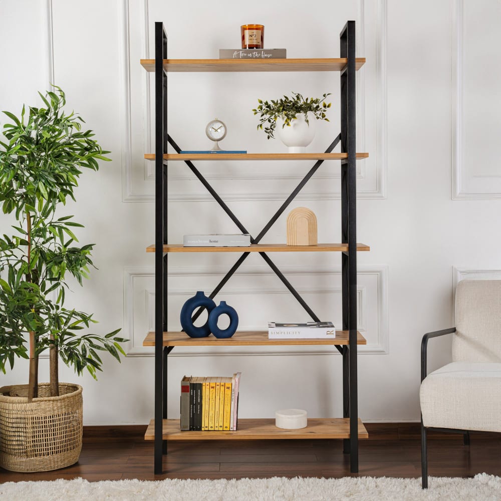 Etagère 5 niveaux 90x33,5x180 cm naturel et noir Etagère 5 niveaux 90x33,5x180 cm naturel et noir