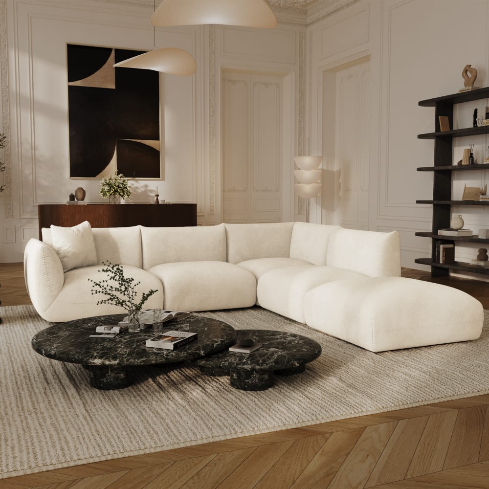 Canapé grand angle droit modulable 7 places velours chenillé crème